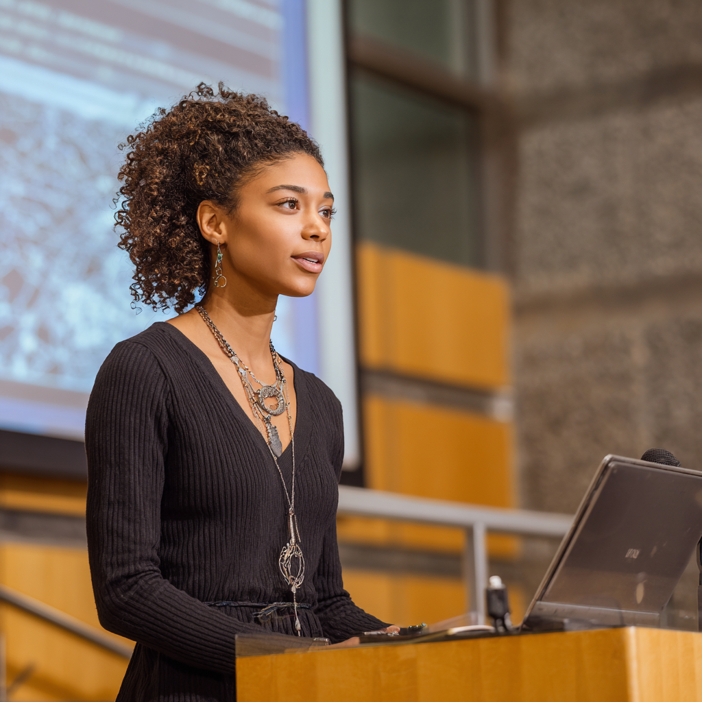 kevlocks_black_female_researcher_standing_at_a_podium_presentin_4cb89748-70de-478d-918a-379e34fcd824